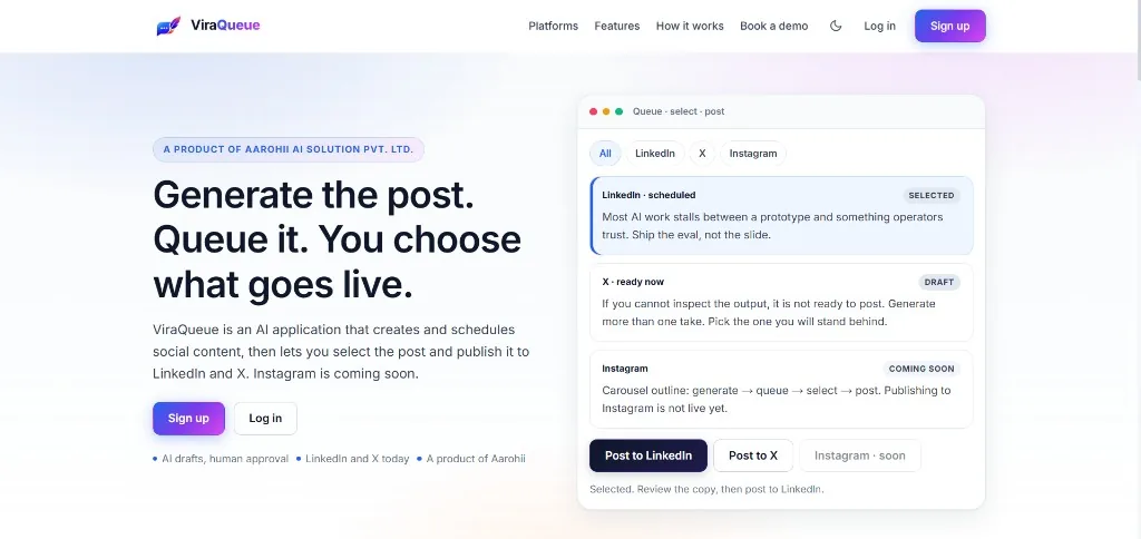 ViraQueue coming soon — AI writes, schedules, and posts on LinkedIn, X, and Instagram